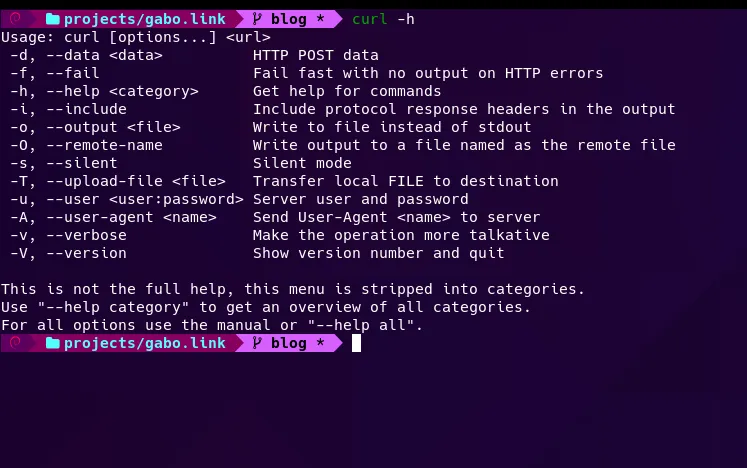 Calling the curl -h command