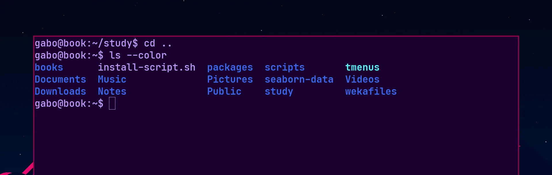 The cd and ls --color commands
